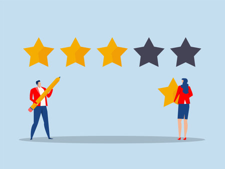 Businessman holding star  to put on best rating 5 stars rating review high quality and good feedback or credit score, evaluation rank concept vector illustrator.のイラスト素材