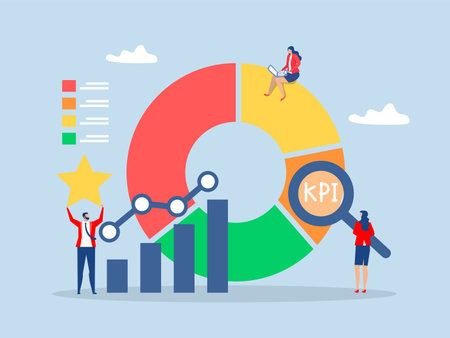 Benchmark performance or KPI key performance indicator&#xD;&#xA;growth or KPI measurement result, businessman magnify benchmark metric graph scale.のイラスト素材