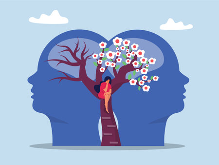 Mental health concept,Two Head silhouette with flowering tree and bare tree,Metaphor bipolar disorder mind mental disorder. Psychology growth mindset and fixed mindset vectorのイラスト素材