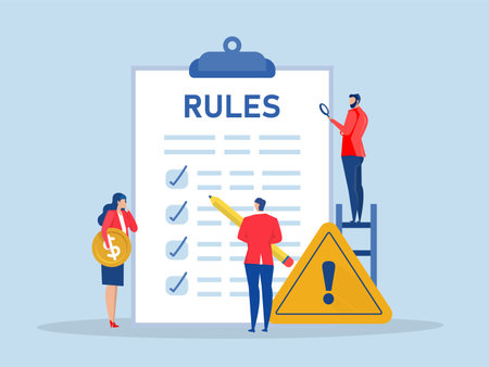 Rules and regulations document, businessman finish writing rules and regulations document,policy and guideline for employee to follow, legal term, corporate compliance or laws conceptのイラスト素材