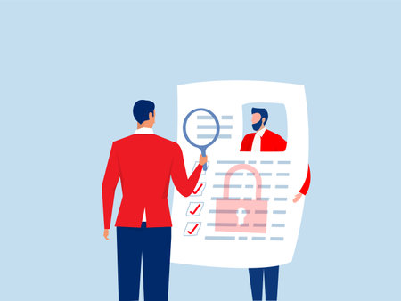 KYC or know your customer with business verifying the identity of its client's concept at the partners-to-be through a magnifying glass Idea of business identification and finance safety.のイラスト素材