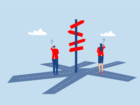 
Two Business looking at multiple road sign with question mark and thinking which way to go.work direction or choose the right way to success concept,のイラスト素材
