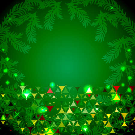 Sparkling Christmas green background with yellow, red and green shapes at bottom side. Decorated with spruce branches. Vector illustration with empty space for text message.のイラスト素材