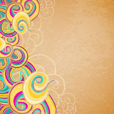 Vector abstract background with yellow curly pattern at left side. Hand drawn curls on beige old paper texture. Template with space for your text.のイラスト素材