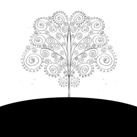 Hand drawn curly tree. Vector background with space for your text under it. Black on white.のイラスト素材