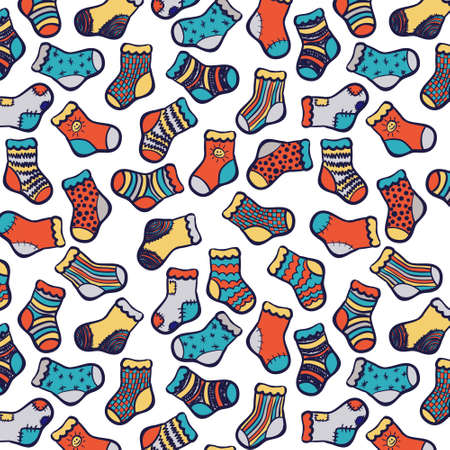 Vector hand drawn socks seamless pattern. Blue and orange on white color.のイラスト素材