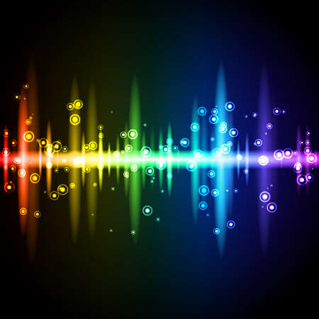Neon rainbow sound wave equalizer with sparkling particles. Vector illustration on black background.のイラスト素材