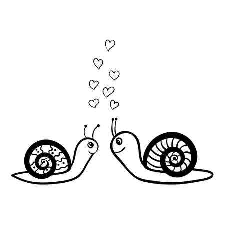 Vector hand drawn couple of snails in love. Black sketch on white background.のイラスト素材