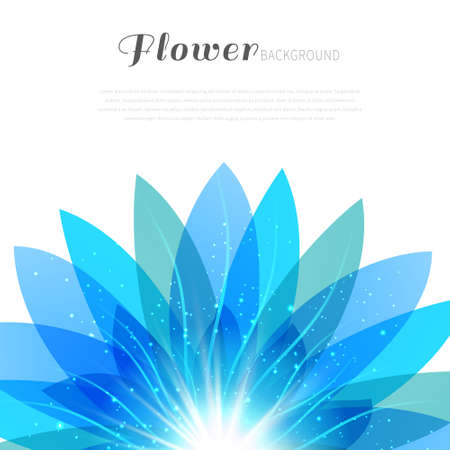 Blue transparent flower with glowing particles on white background. Vector illustration with space for text.のイラスト素材