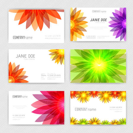 Set of six business cards with transparent flowers design. Bright colorful vector illustration.のイラスト素材