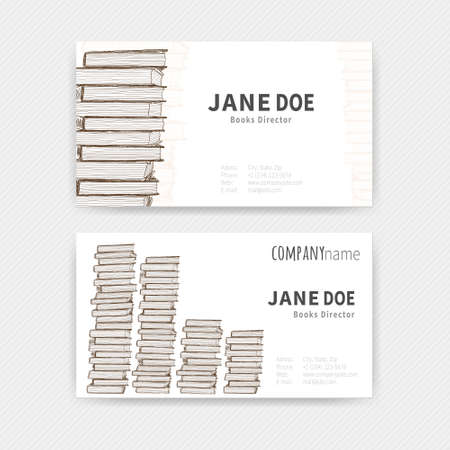 Set of two business cards with hand drawn books design. Books with brown outline on white. Vector illustration.のイラスト素材