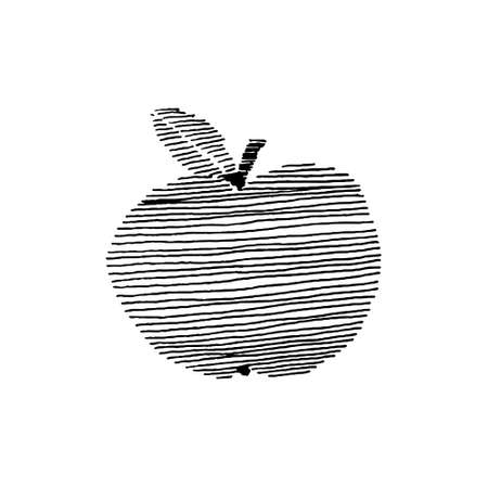 Black apple with leaf icon. Striped hand drawn design. Vector illustration.のイラスト素材
