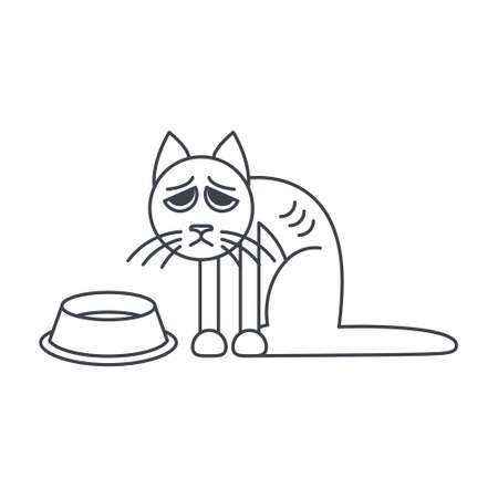 Poor hungry cat sits near empty bowl. line icon isolated on white background.のイラスト素材