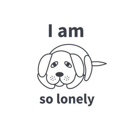 Poor sad lonely dog waiting for its owner. Dog adoption concept. Vector line icon isolated on white background.のイラスト素材