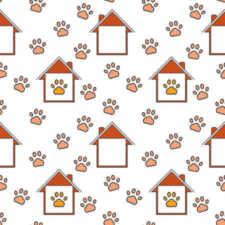 Homes with paw imprints around and inside. Pet adoption concept.のイラスト素材
