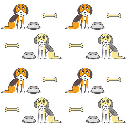 Poor unhappy dogs sit near empty bowls. Hungry bony dogs. line seamless pattern color on white background.のイラスト素材