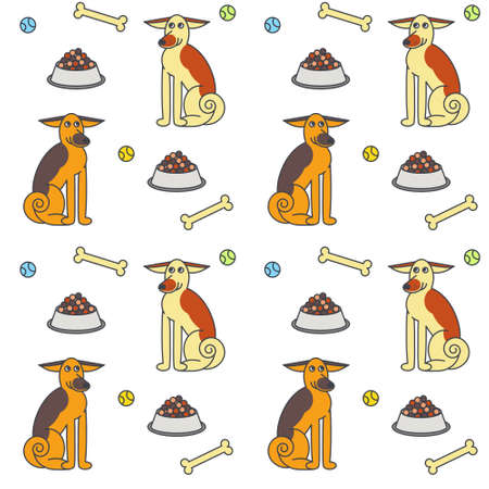 Happy adult dogs sitting among the food, bones and toys. line seamless pattern color on white background.のイラスト素材