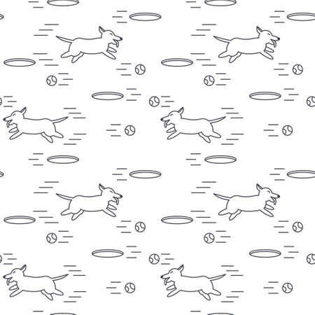 Happy playing dog runs for the ball. Welsh corgi breed. line seamless pattern black on white background.のイラスト素材