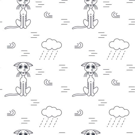 Poor homeless lost cats crying outside in bad weather. Bony unhappy cat. line seamless pattern black on white background.のイラスト素材