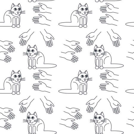 Many hands stretched to cats. Cat adoption concept. line seamless pattern black on white background.のイラスト素材