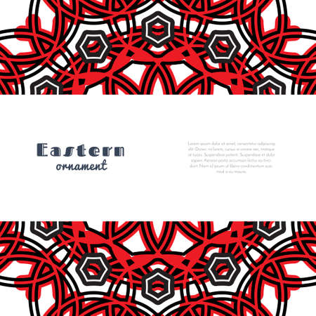 Vector design with circular ornament in eastern style. Ornate oriental element and place for text. Black, red, white color. Template for invitations, greating cards, flyer pages, brochures.のイラスト素材