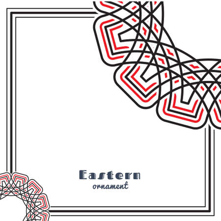 Vector design with circular ornament in eastern style. Ornate oriental element and place for text in frame. Black, red, white color. Template for invitations, greating cards, flyer pages, brochures.のイラスト素材