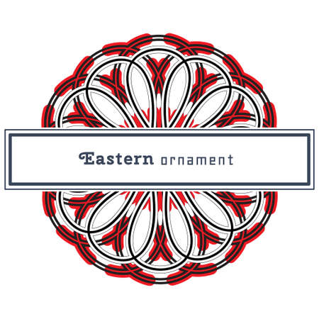Vector design with circular ornament in eastern style. Ornate oriental element and square place for text. Black, red, white color. Template for invitations, greating cards, flyer pages, brochures.のイラスト素材