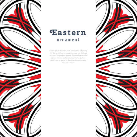 Vector design with circular ornament in eastern style. Ornate oriental element and place for text. Black, red, white color. Template for invitations, greating cards, flyer pages, brochures.のイラスト素材