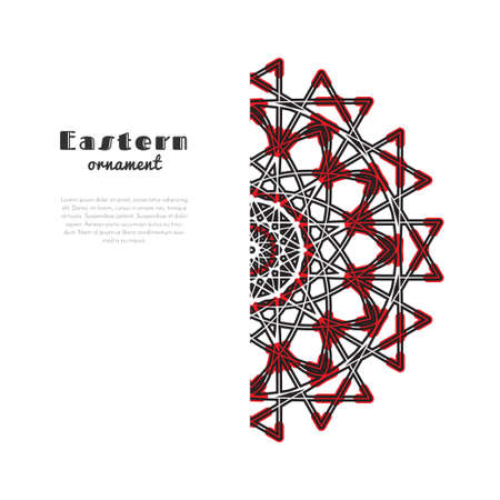 Vector design with circular ornament in eastern style. Ornate oriental element and place for text. Black, red, white color. Template for invitations, greeting cards, flyer pages, brochures.のイラスト素材