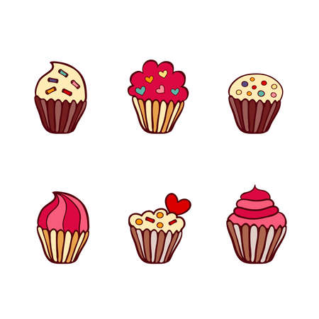 Colorful vector hand drawn doodle cartoon set of cupcakesのイラスト素材