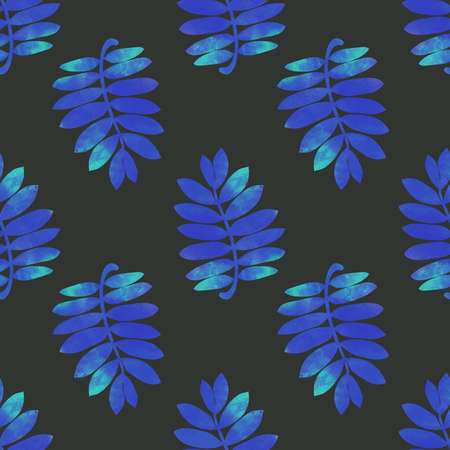 Hand drawn watercolor rowan leaves on dark background. Fantasy blue seamless pattern.の写真素材