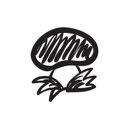 Hand drawn mushroom on the grass vector illustration. Black outline sketch isolated on white background.のイラスト素材