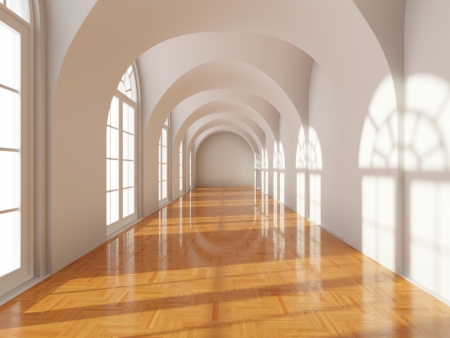 Modern long corridor with big windowsの写真素材