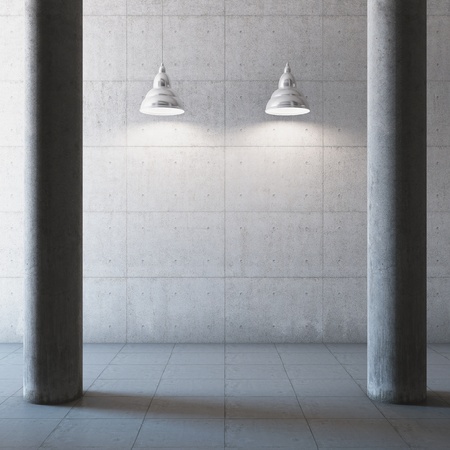 Empty large concrete hall with columns and illumination lampの写真素材