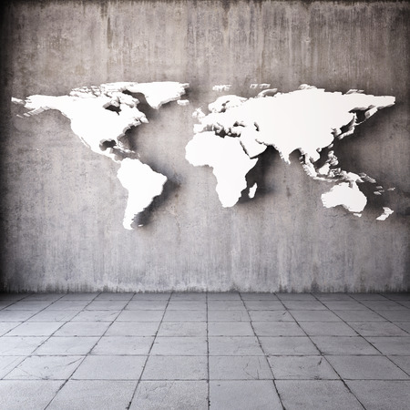 Abstract world map in room with concrete wallsの写真素材