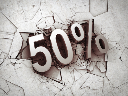 Drop price by 50 percent on concrete background. 3D illustration.の写真素材