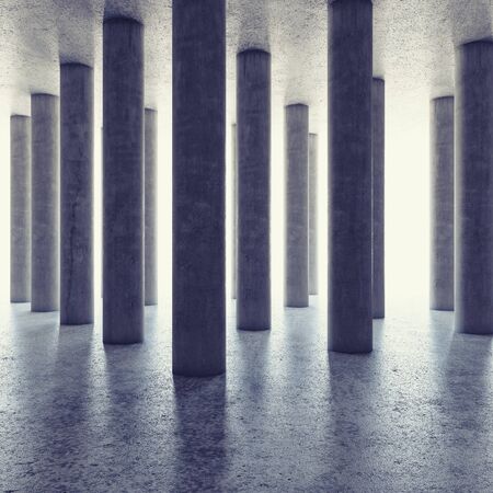 Design of large hall with columns and bright light on horizon. 3D illustration.の写真素材