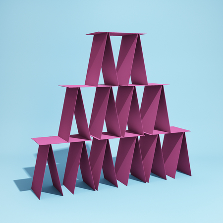 Balancing construction of cardboard tower on blue background. 3D illustration.の写真素材