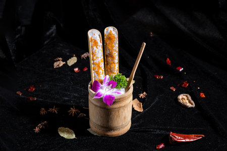 spices and herbs in a wooden mortar on a black fabric backgroundの写真素材