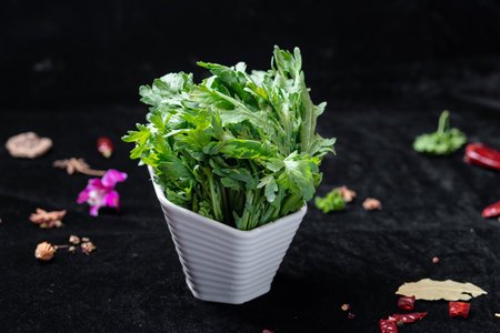 Fresh Green Herbs on a Black Background as detailed close-up shot (selective focus)の写真素材