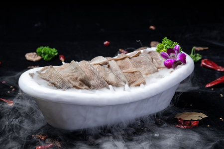Raw fish fillets in a white bowl on a black background.の写真素材