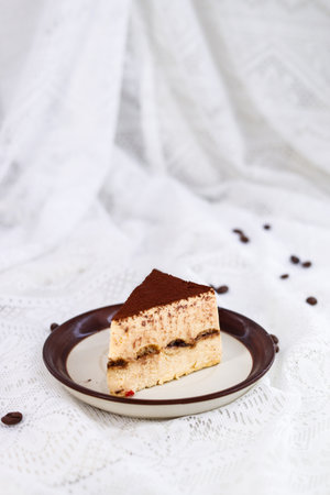 Tiramisu cake on a brown plate on a white backgroundの写真素材