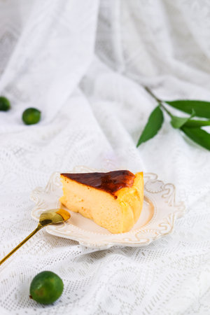 Lemon cheesecake on a white plate. Selective focus.の写真素材