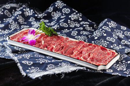 Raw beef sirloin on a metal tray on a black backgroundの写真素材