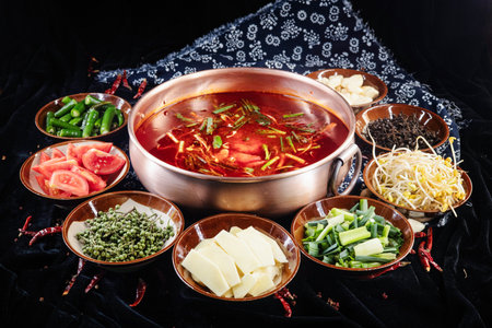 Korean traditional food, red soup with vegetables and herbsの写真素材