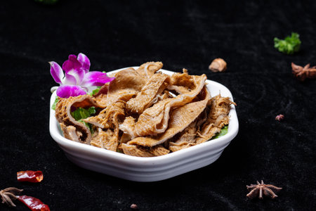 Korean food Dried shredded pork in a bowl on black backgroundの写真素材