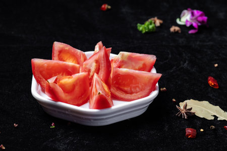 Slices of fresh tomatoes on a white plate on a black backgroundの写真素材