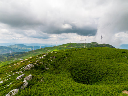 Wind turbines on the top of the mountain in the Carpathiansの写真素材