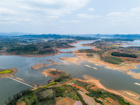 aerial view of the reservoir in the countryside in south koreaの写真素材