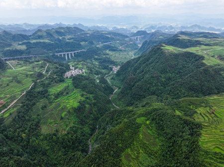 Aerial view of agricultural fields.の写真素材